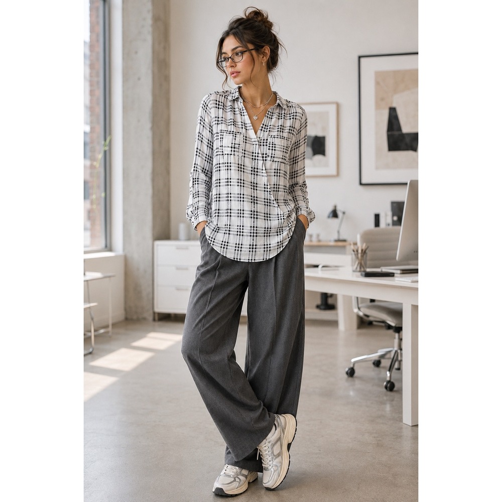 White House Black Market Plaid Surplice Blouse Roll Tab Sleeve White Black 0